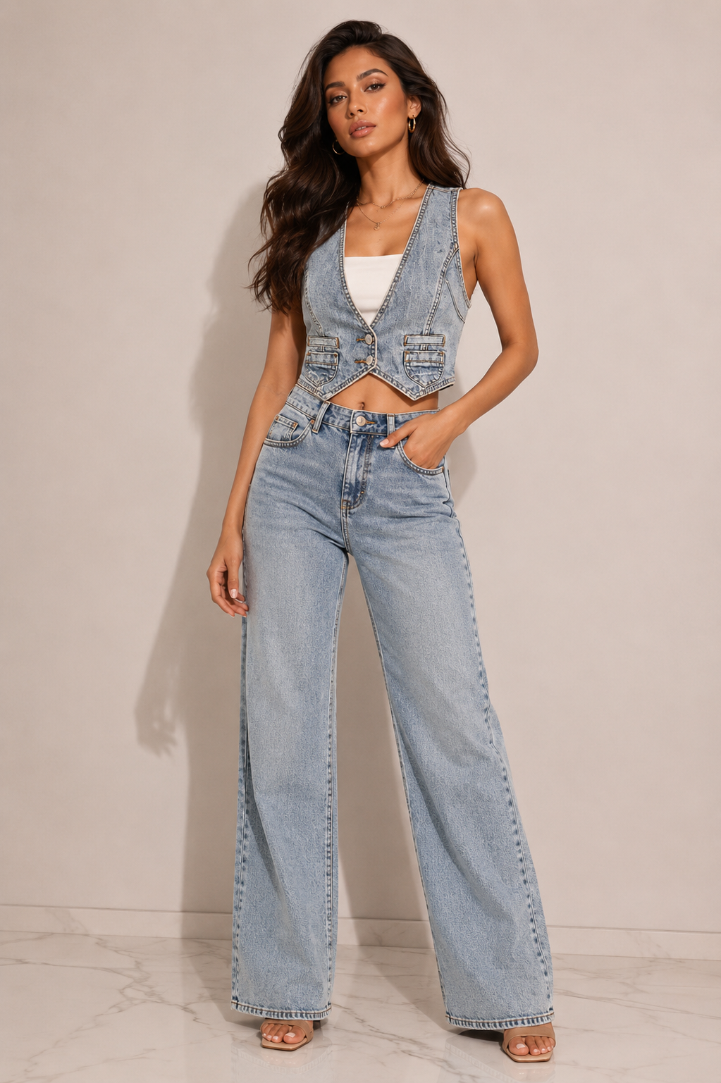 Azure Denim: Sculpted Racerback Waistcoat Top
