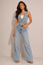 Azure Denim: Sculpted Racerback Waistcoat Top