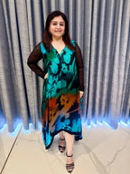 Asymmetrical Hem Printed Dress in Deep Teal & Sunset Hues