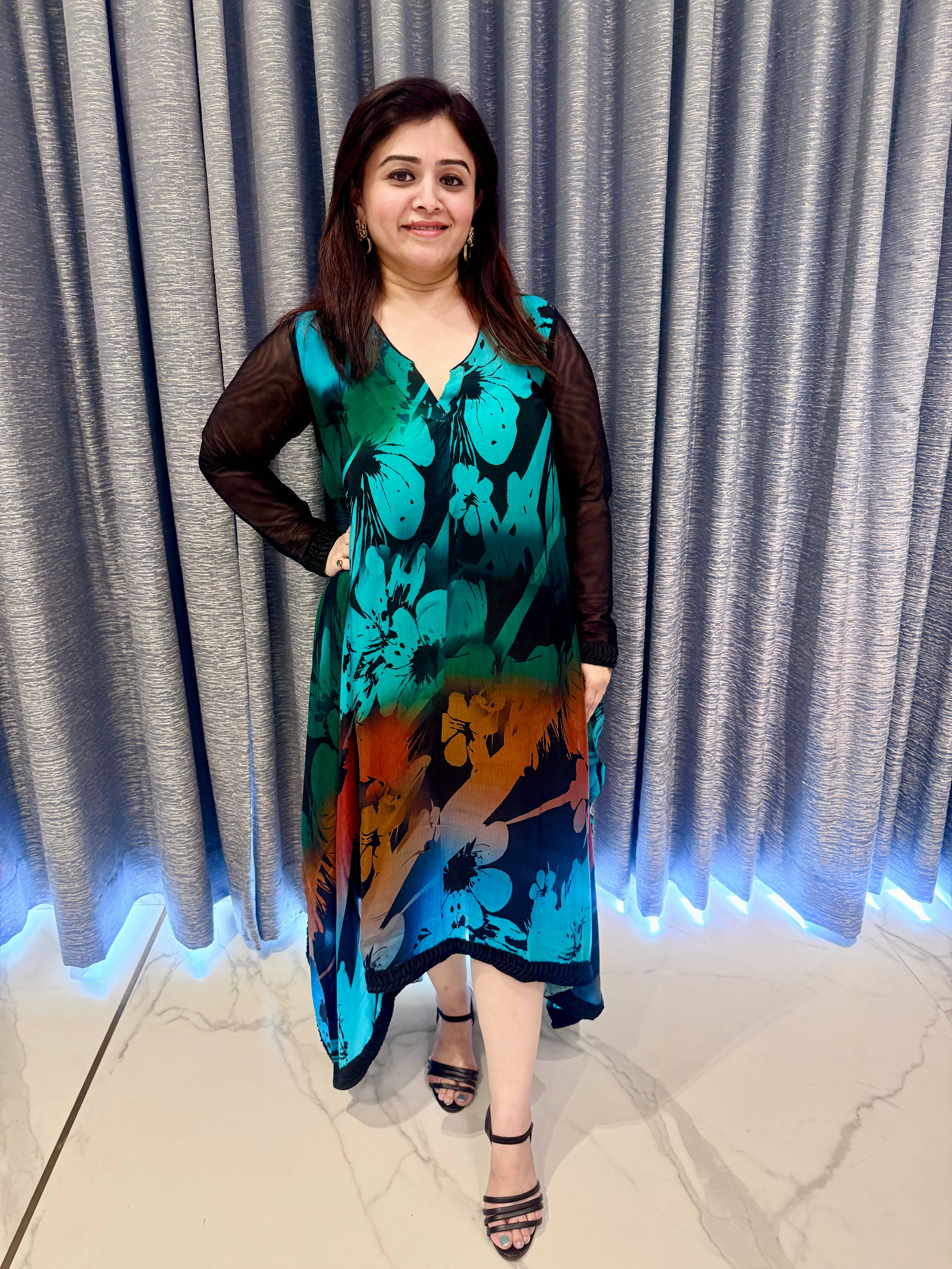 Asymmetrical Hem Printed Dress in Deep Teal & Sunset Hues