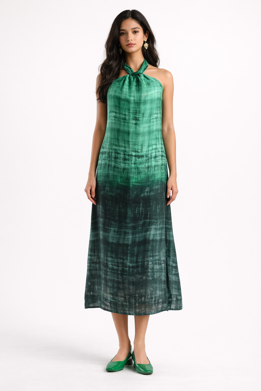 Ombré Forest Green Halter Midi Dress