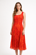 Vibrant Red Geometric Pattern Sleeveless A-Line Midi Dress