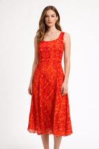 Vibrant Red Geometric Pattern Sleeveless A-Line Midi Dress