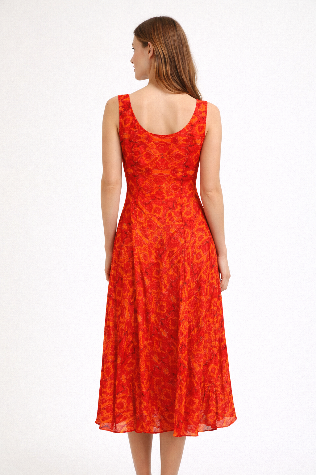 Vibrant Red Geometric Pattern Sleeveless A-Line Midi Dress
