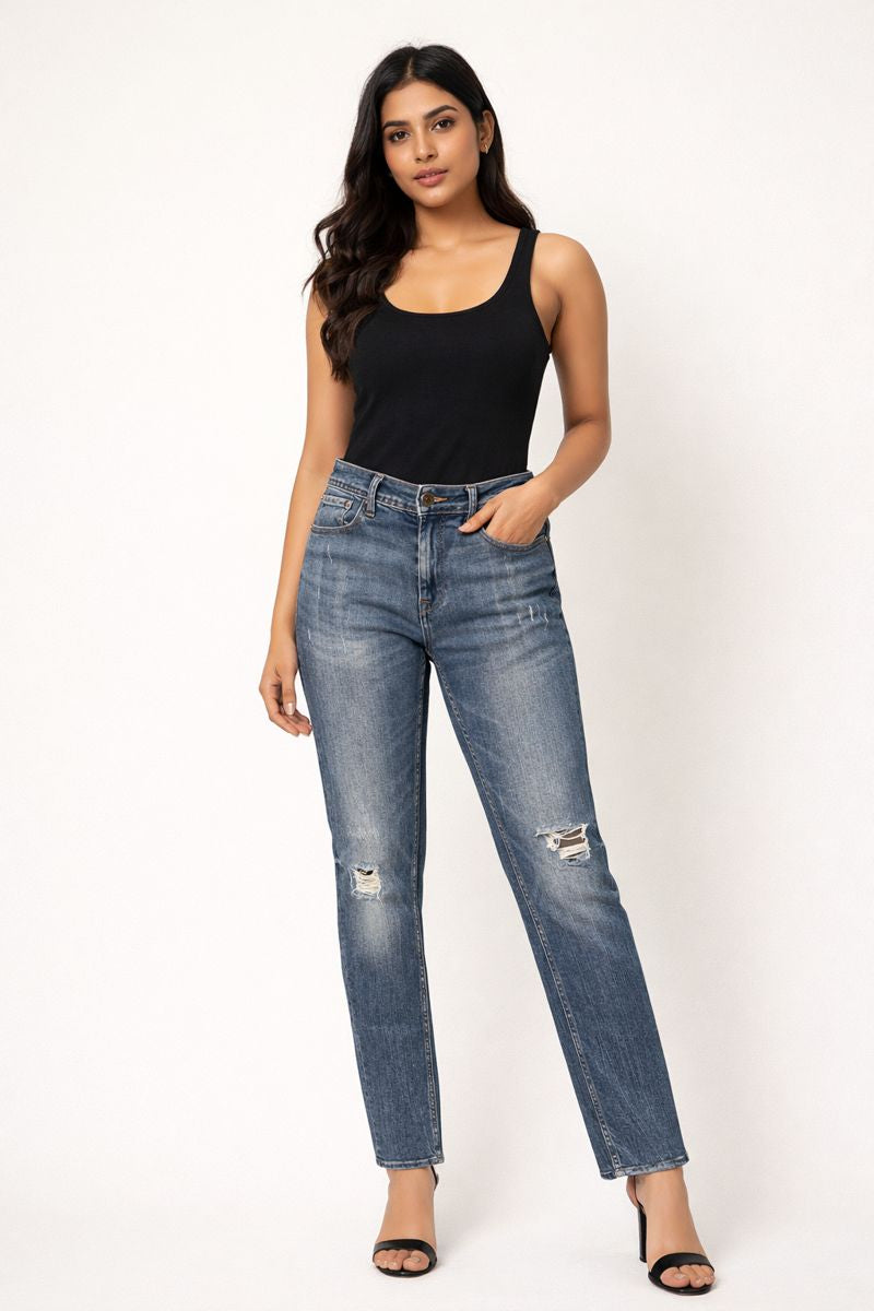 Mid-Rise Distressed Straight-Fit Denim Jeans in Vintage Wash