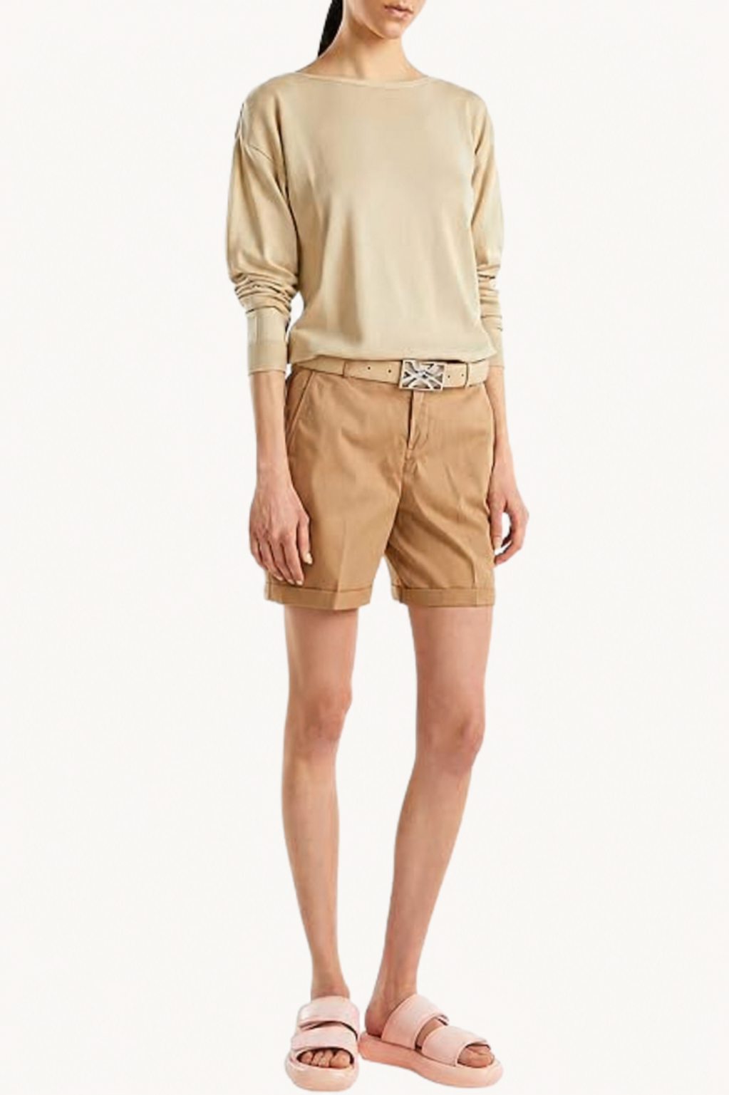Classic Beige Cotton Chino Shorts with Folded Hem
