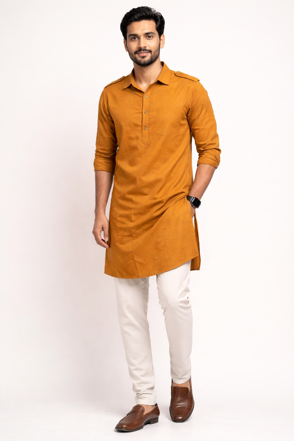 Mustard Yellow Military-Style Pathani Kurta
