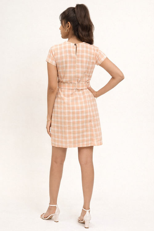 Beige Plaid Belted Mini Dress with Front Slit