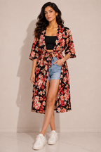 Floral Print Front-Tie Longline Shrug