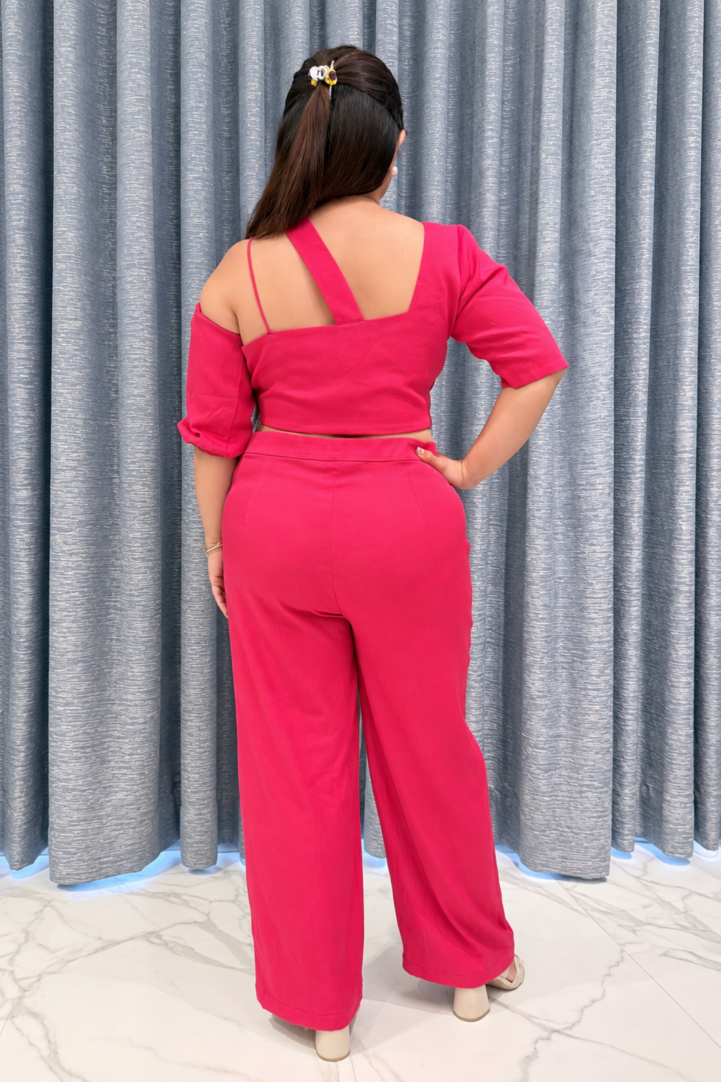 Asymmetrical Cut-Out Crop Top & High-Waisted Trousers