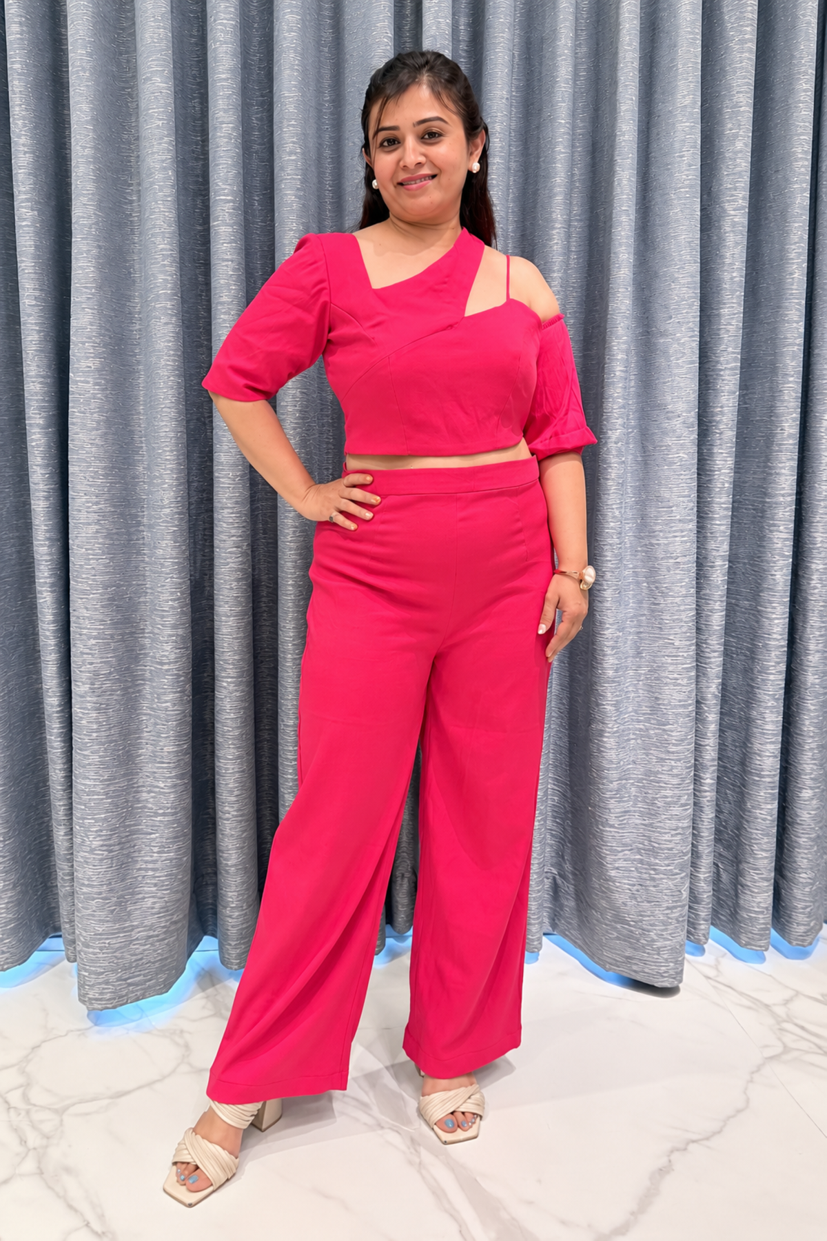 Asymmetrical Cut-Out Crop Top & High-Waisted Trousers