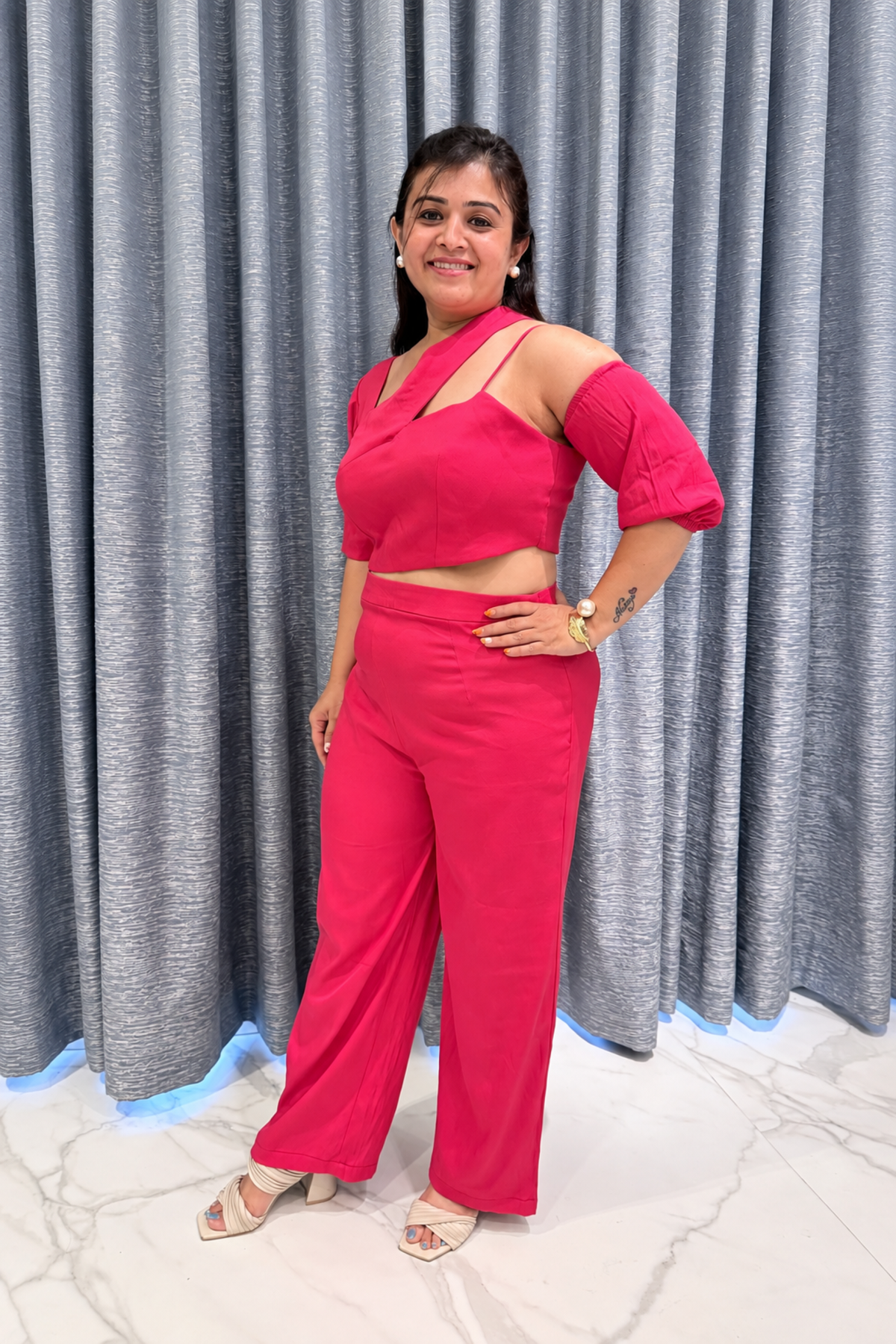 Asymmetrical Cut-Out Crop Top & High-Waisted Trousers