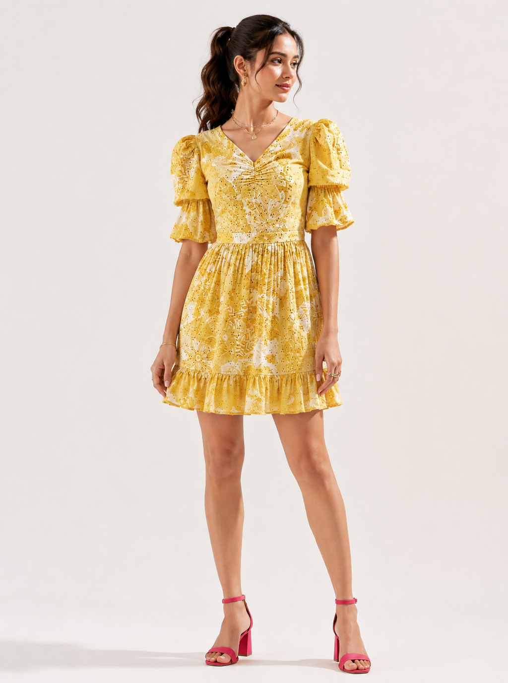 Floral Print Fit & Flare Dress with Puffed Sleeves