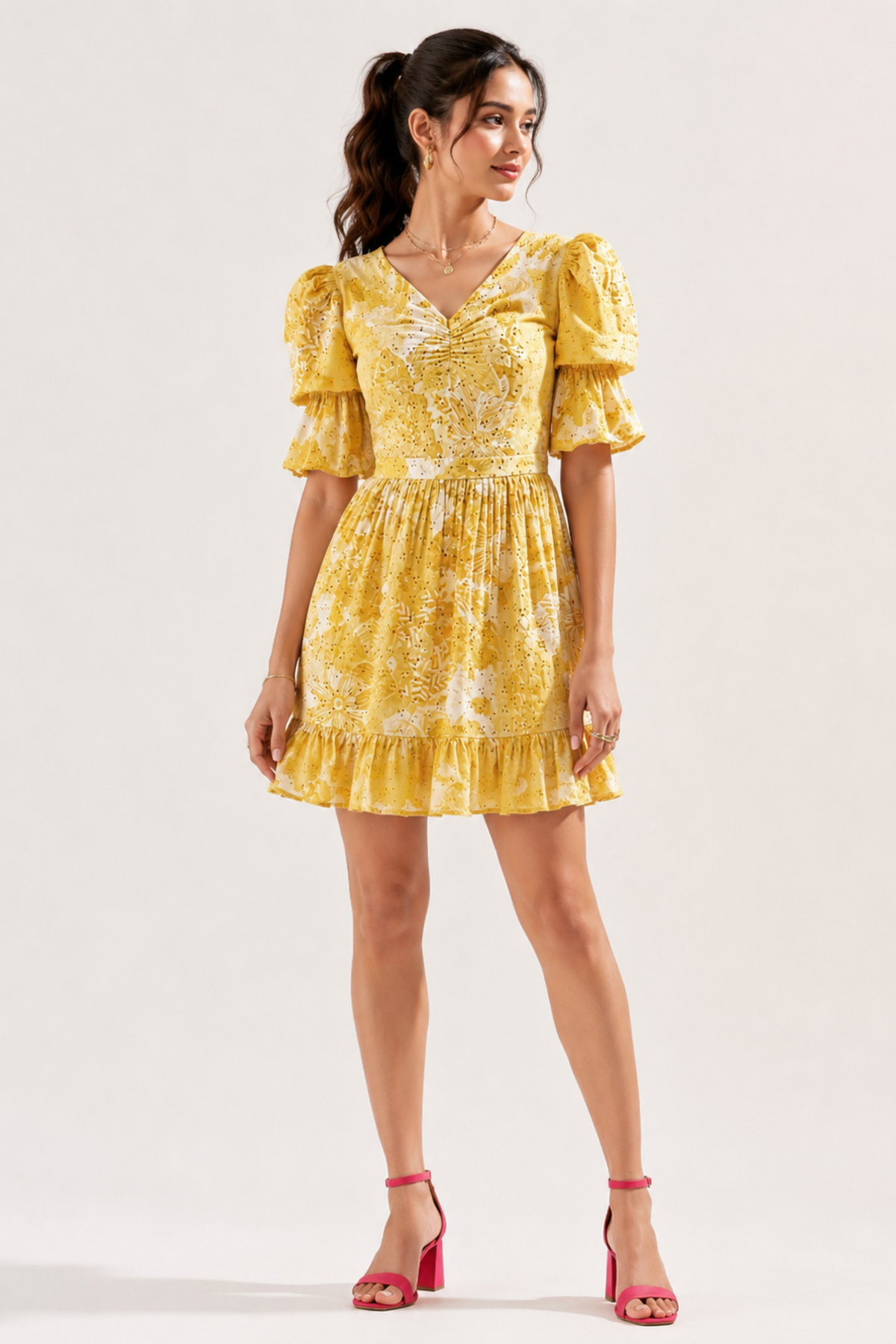 Floral Print Fit & Flare Dress with Puffed Sleeves