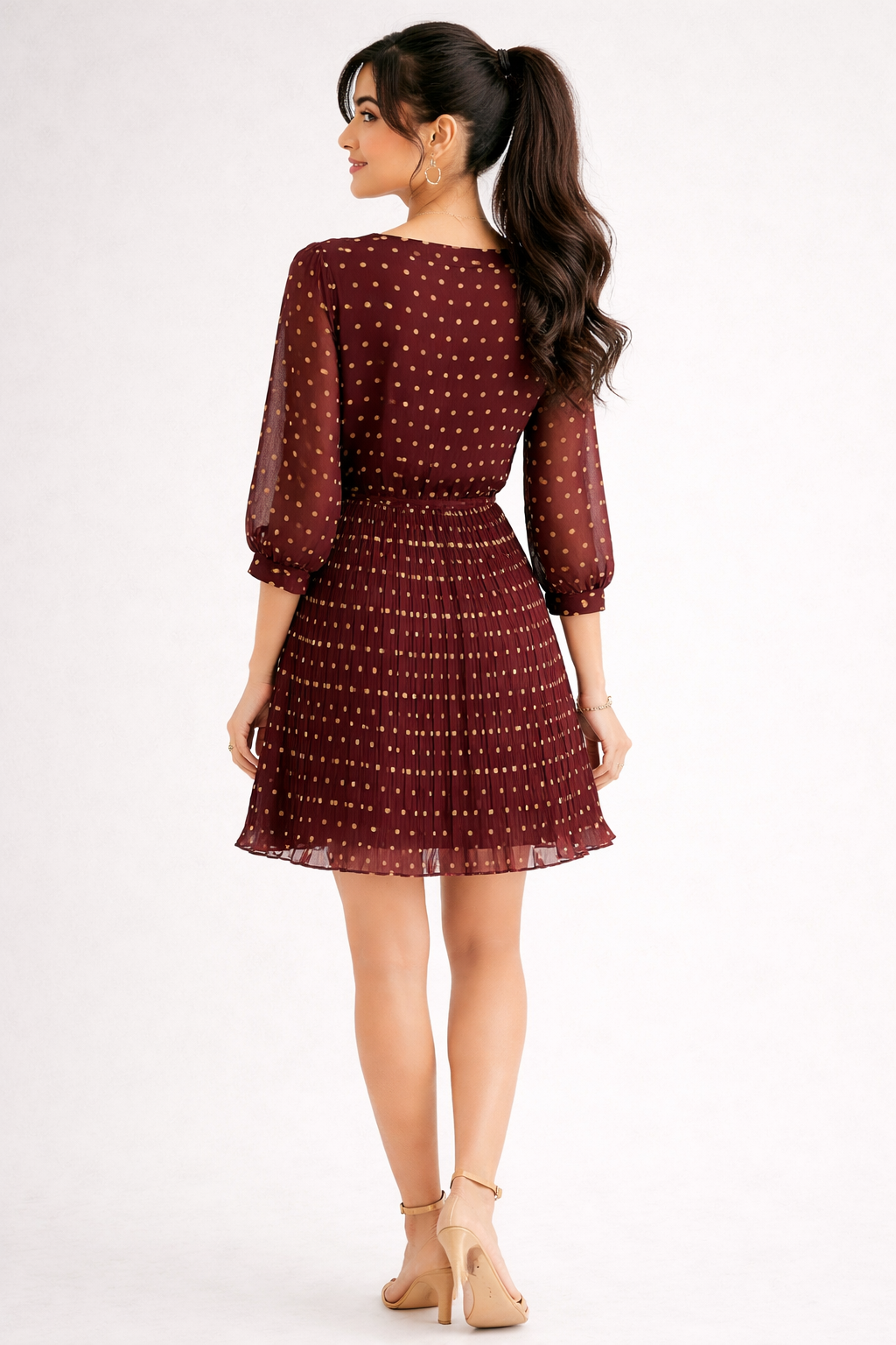 Burgundy Metallic Polka-Dot Pleated Mini