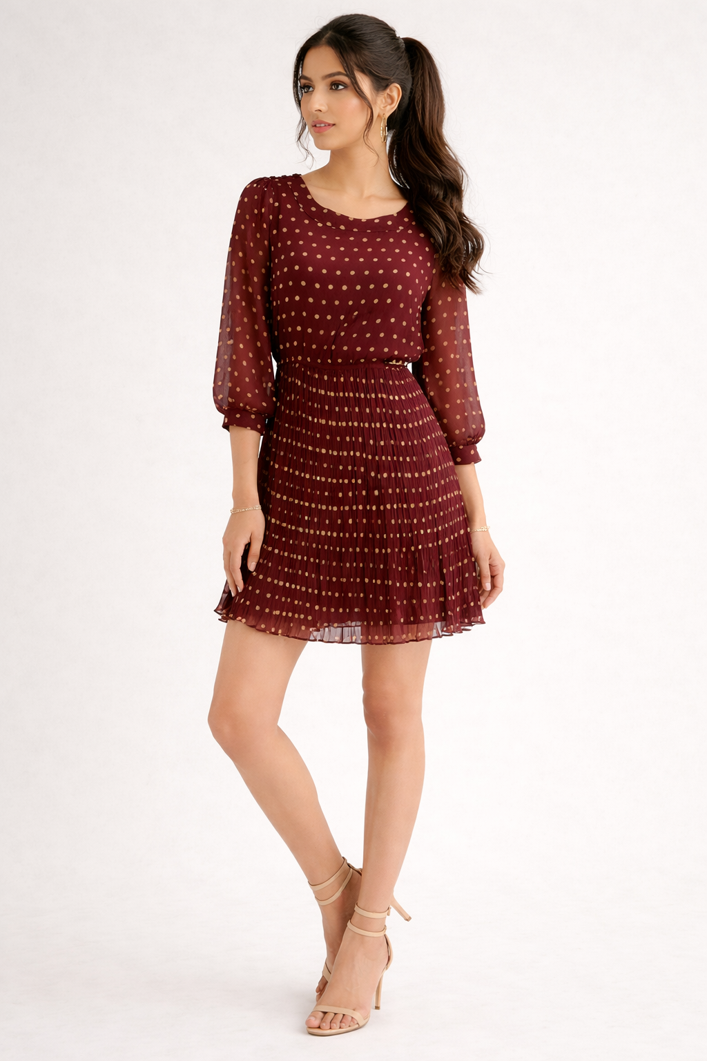 Burgundy Metallic Polka-Dot Pleated Mini