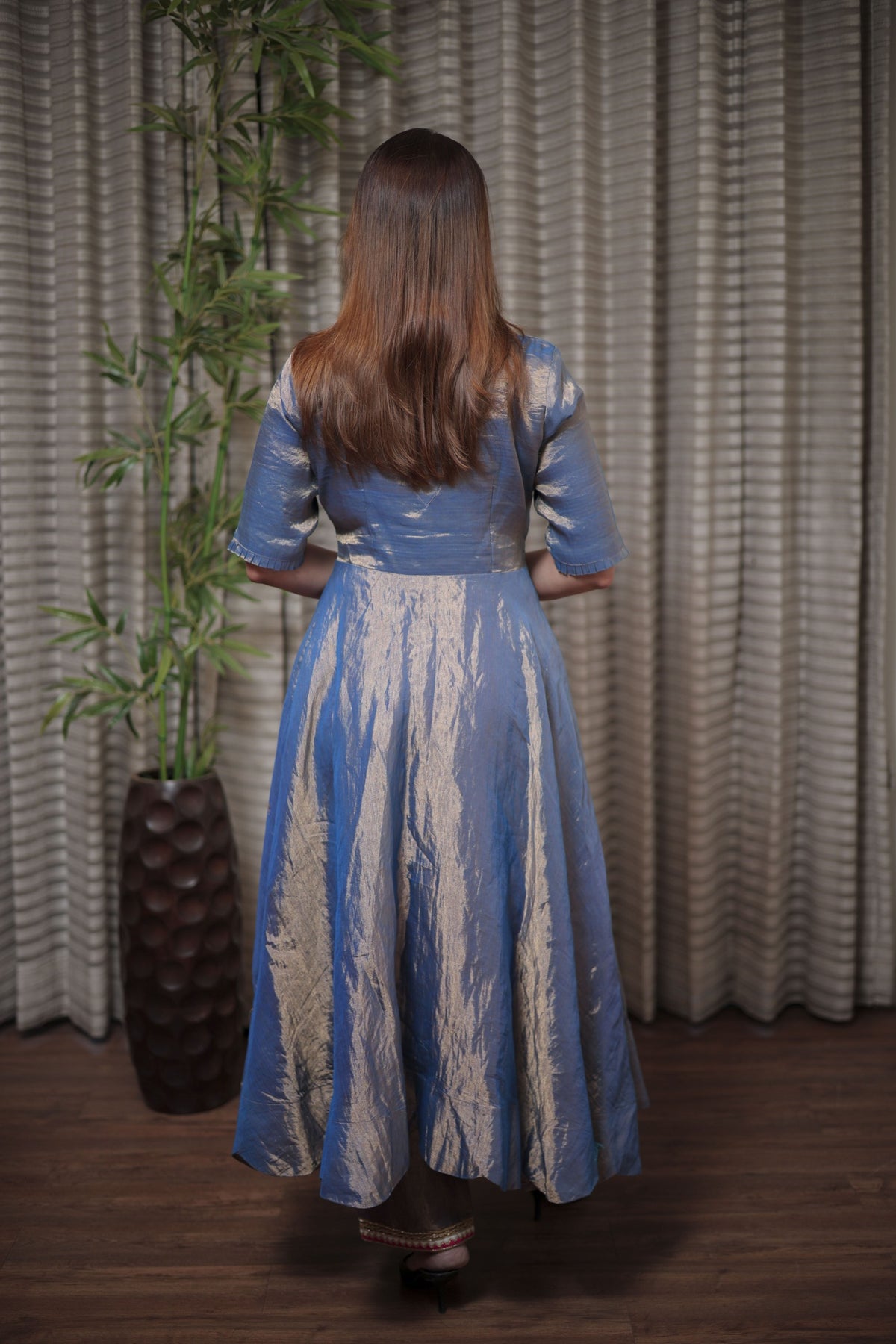 Graceful Metallic Blue Ethnic Flared Dress