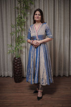 Graceful Metallic Blue Ethnic Flared Dress