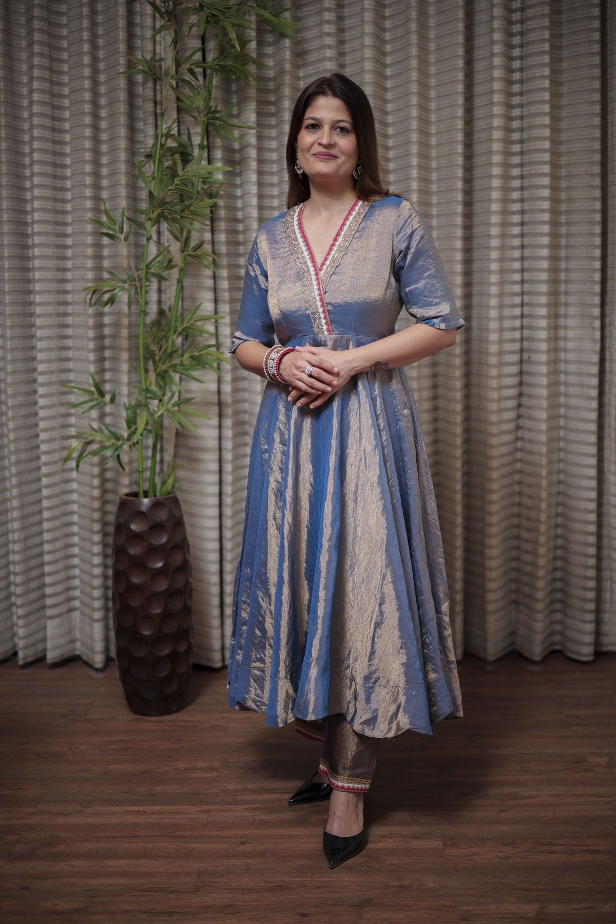 Graceful Metallic Blue Ethnic Flared Dress