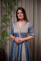 Graceful Metallic Blue Ethnic Flared Dress