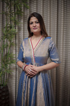 Graceful Metallic Blue Ethnic Flared Dress
