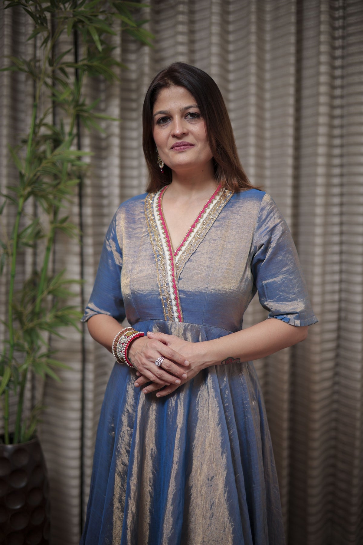 Graceful Metallic Blue Ethnic Flared Dress