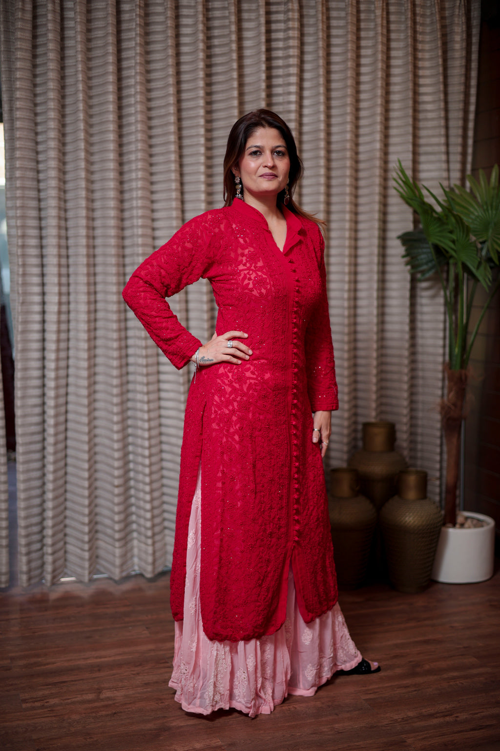 Classic Red Straight Kurta with Sharara