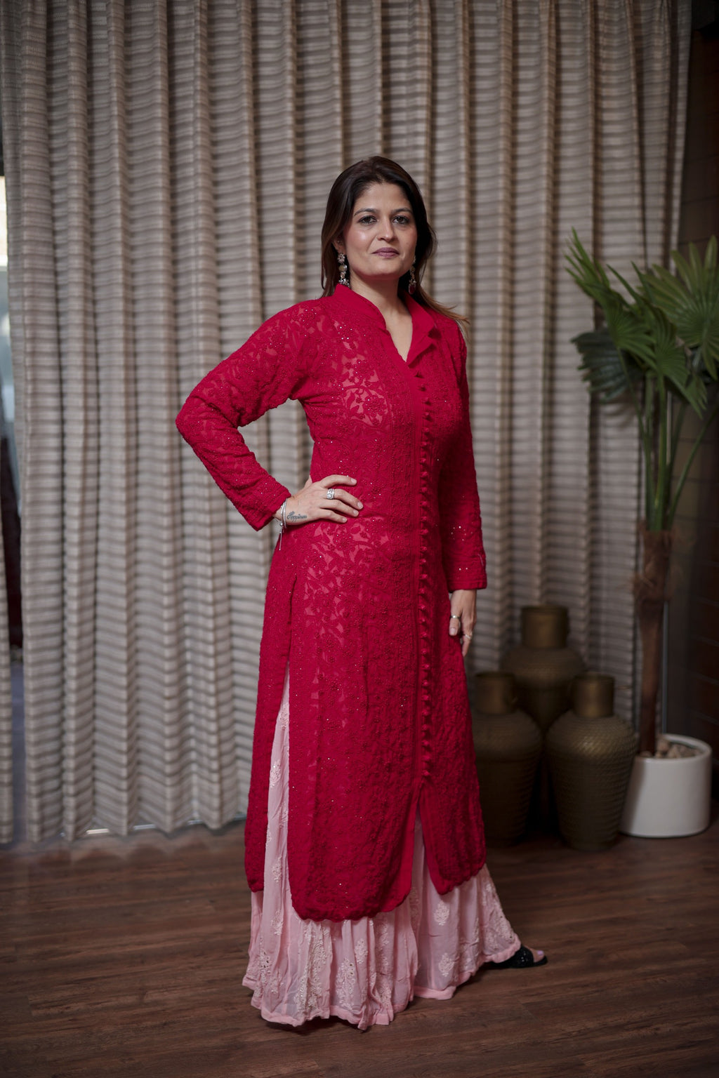Classic Red Straight Kurta with Sharara