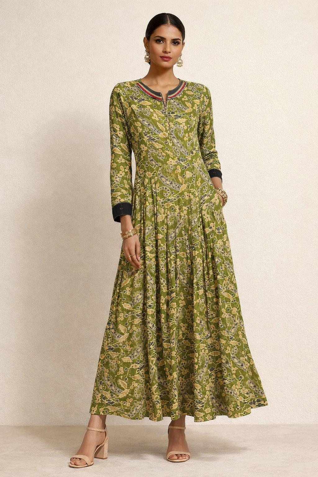 Long-Sleeve Pleated Kalidar Gown