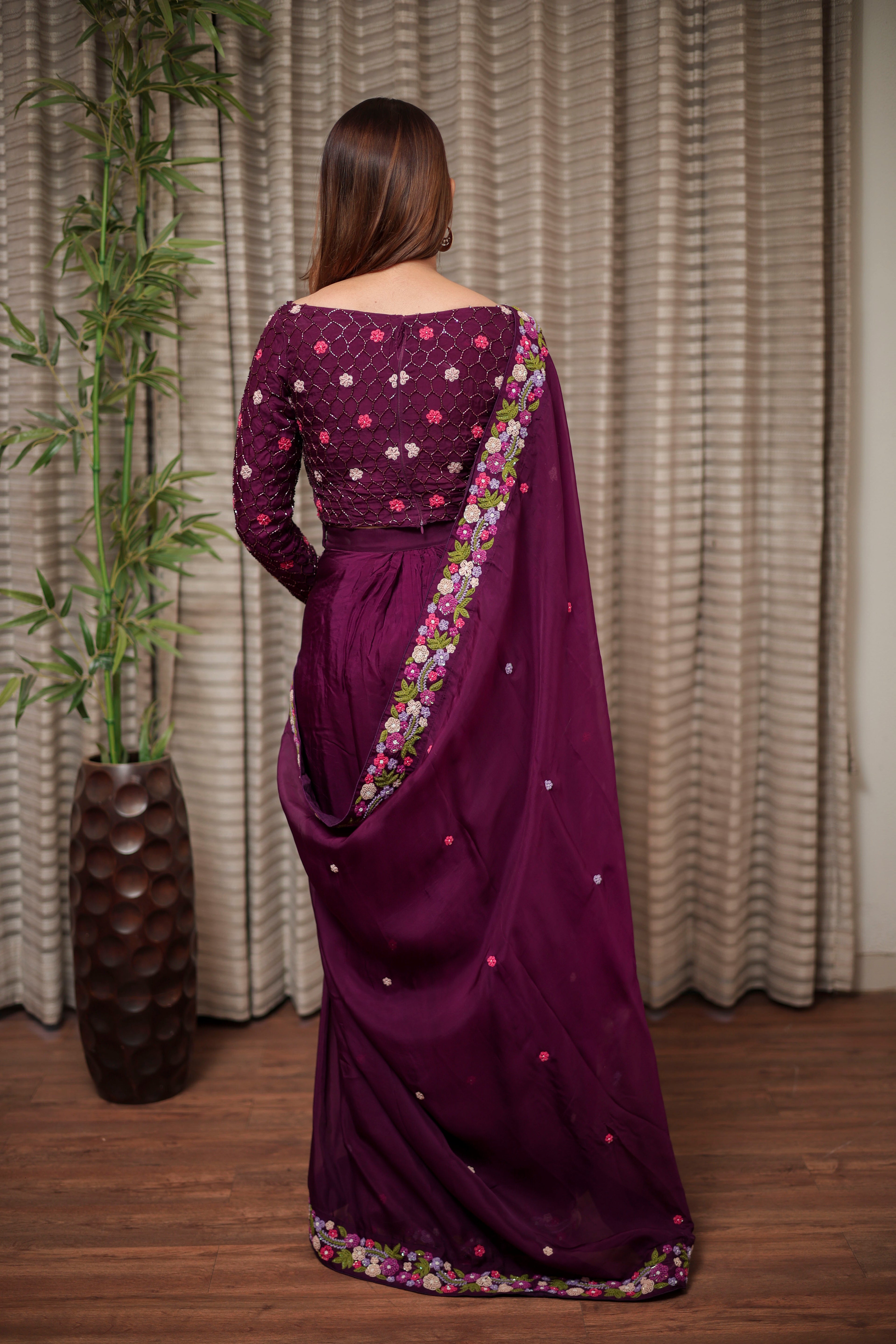 Plum Elegance Embroidered Saree