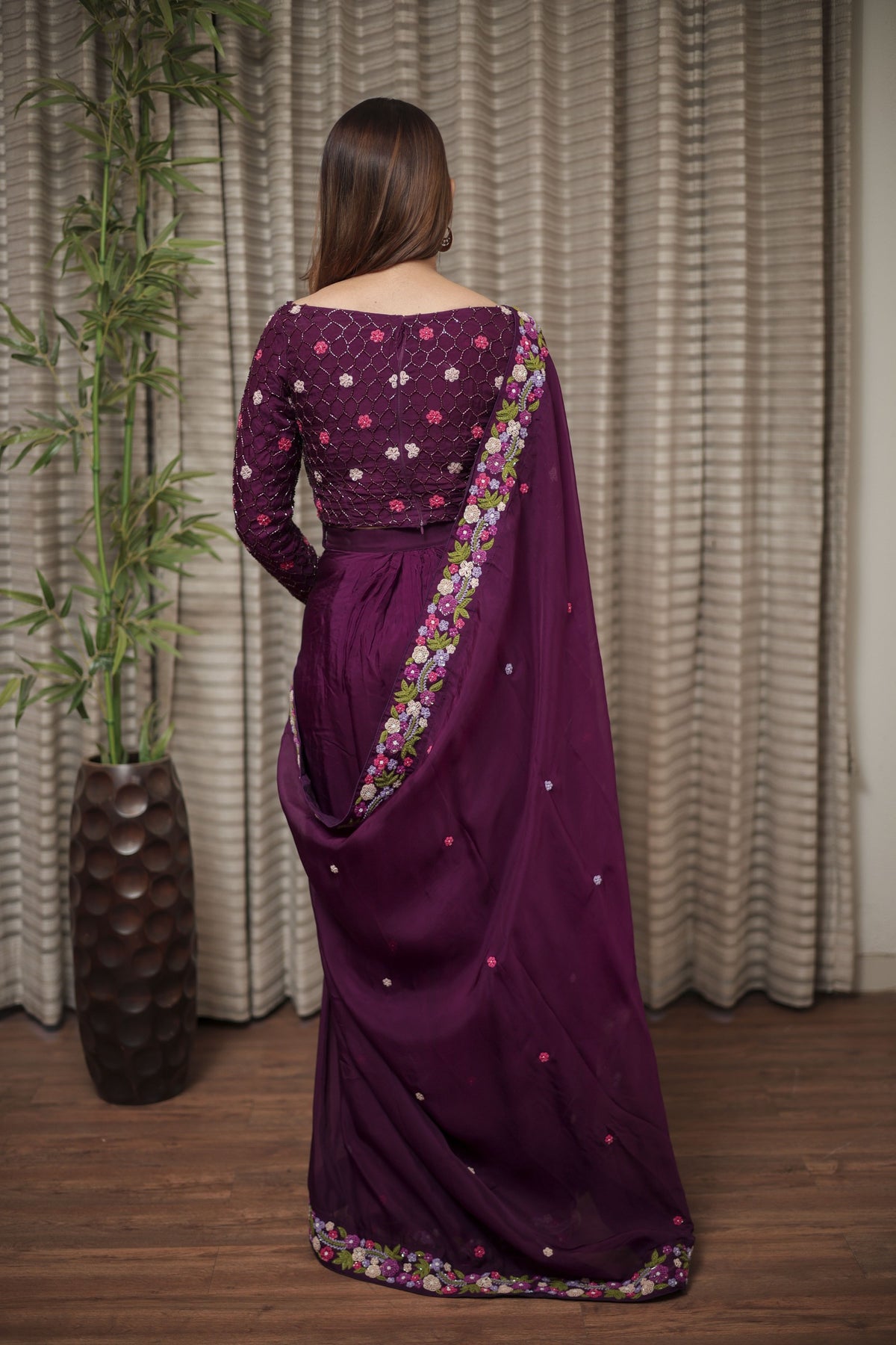 Plum Elegance Embroidered Saree