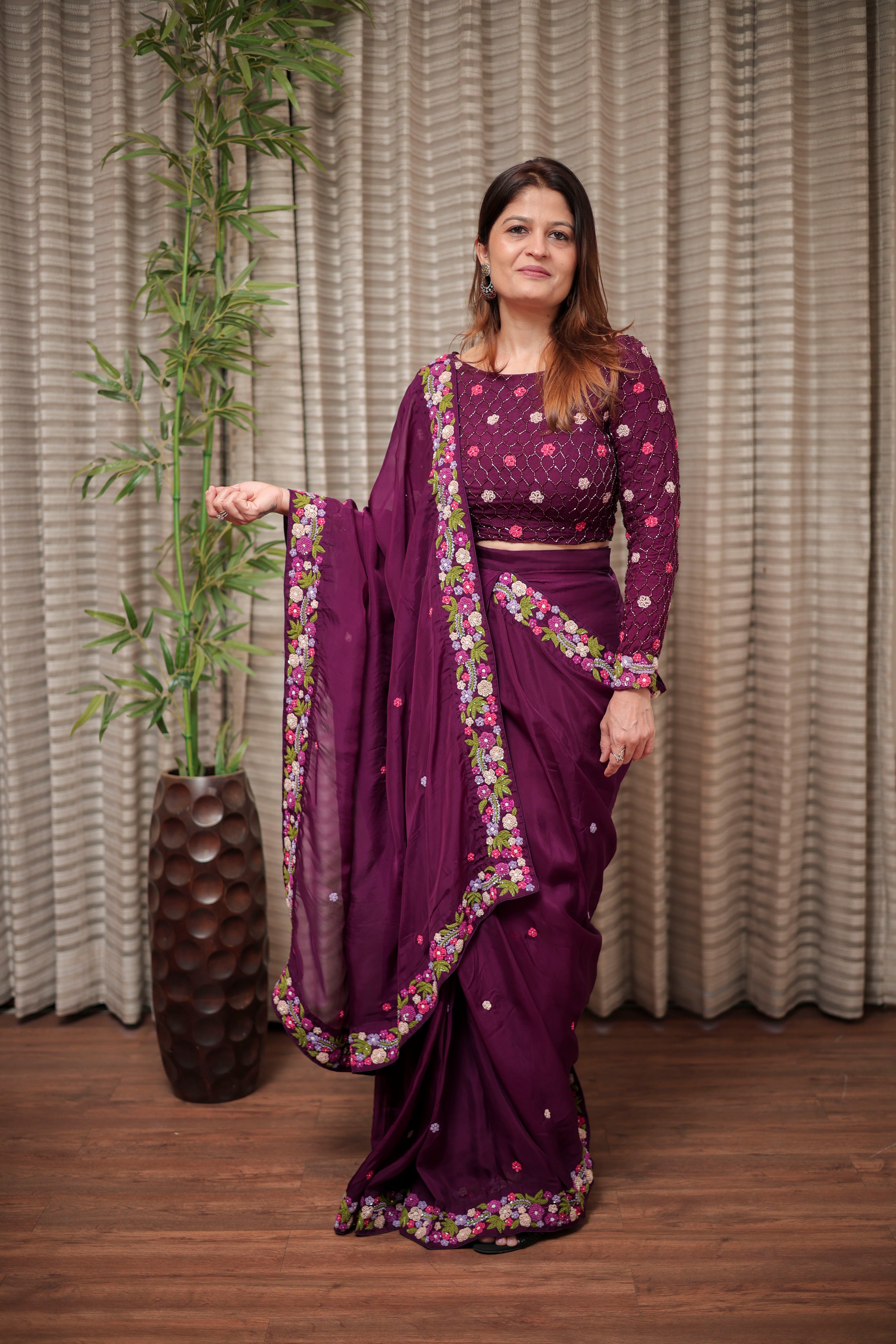 Plum Elegance Embroidered Saree