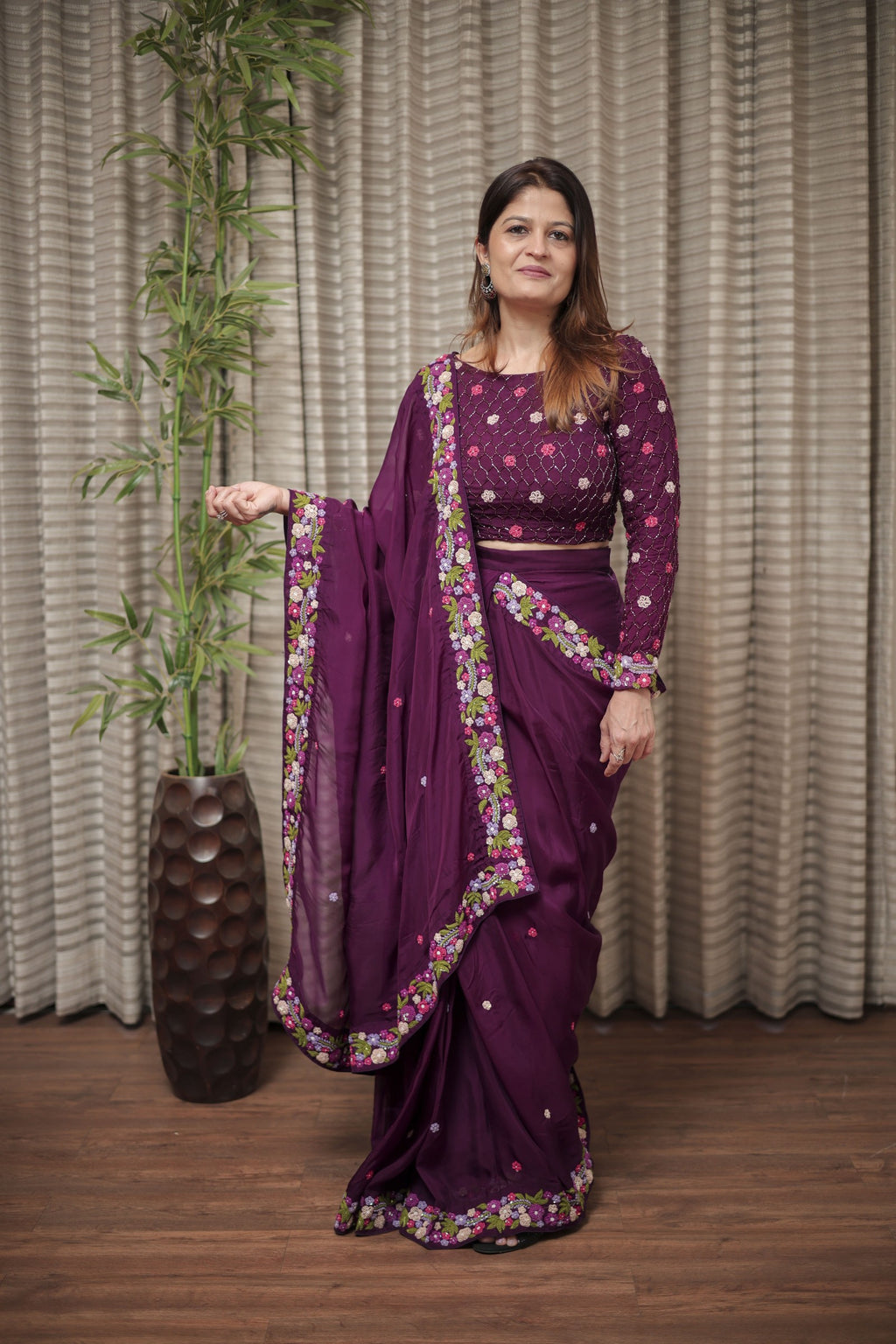 Plum Elegance Embroidered Saree