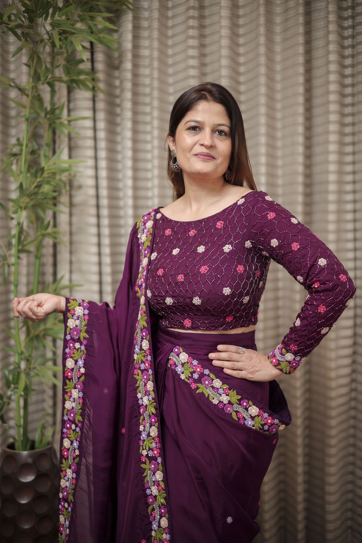 Plum Elegance Embroidered Saree