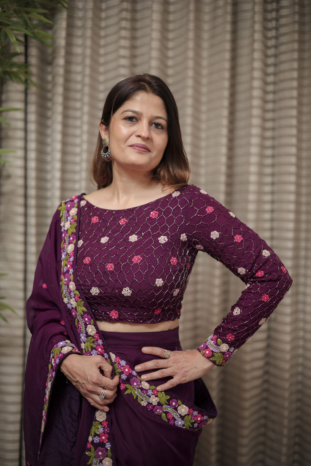 Plum Elegance Embroidered Saree