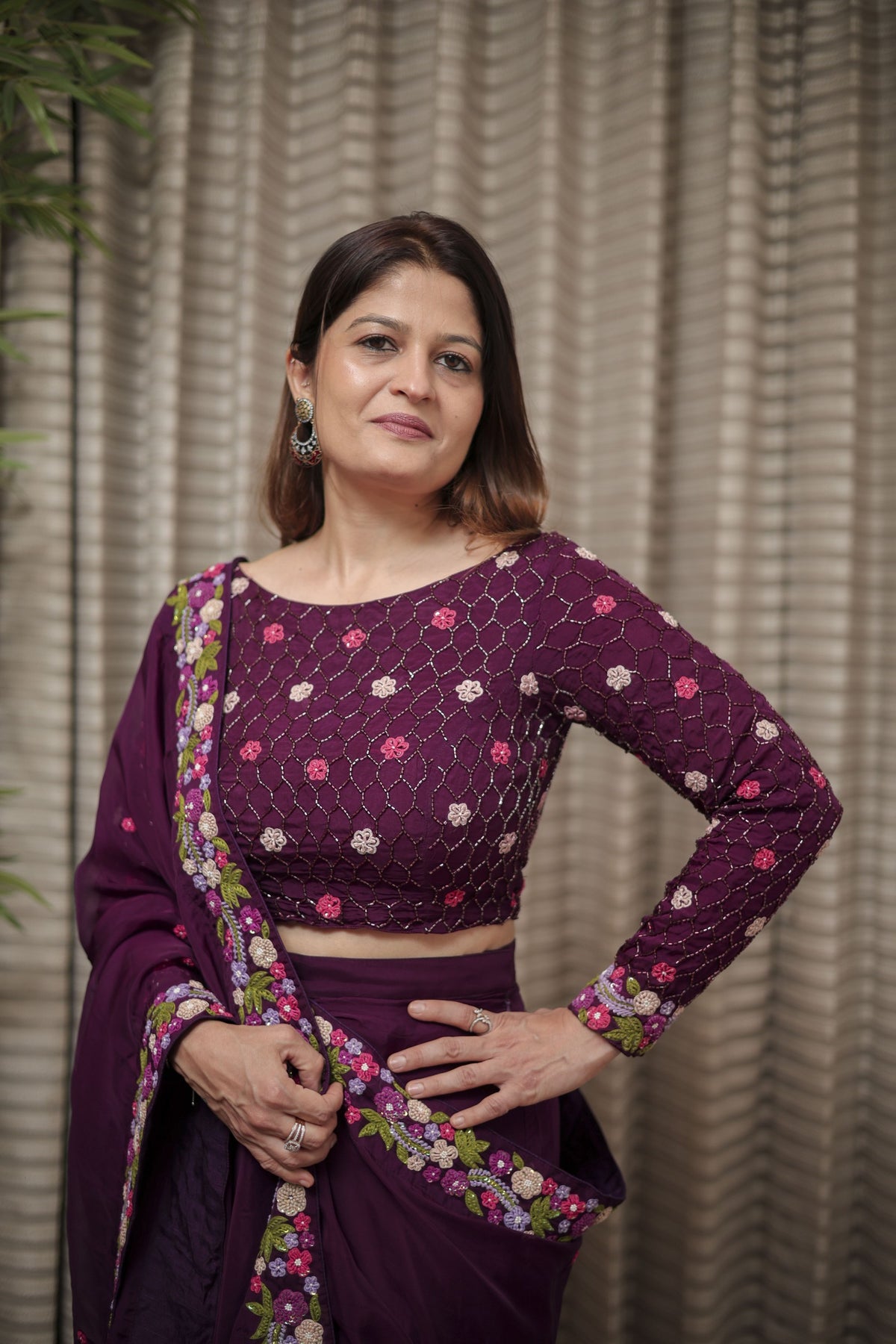 Plum Elegance Embroidered Saree
