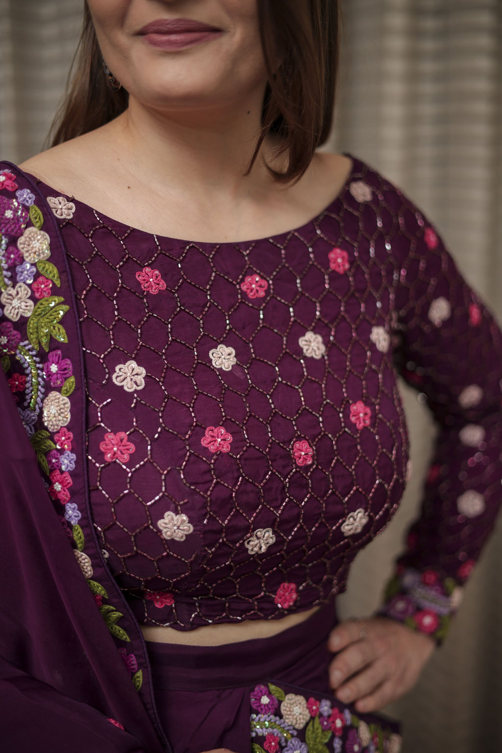 Plum Elegance Embroidered Saree