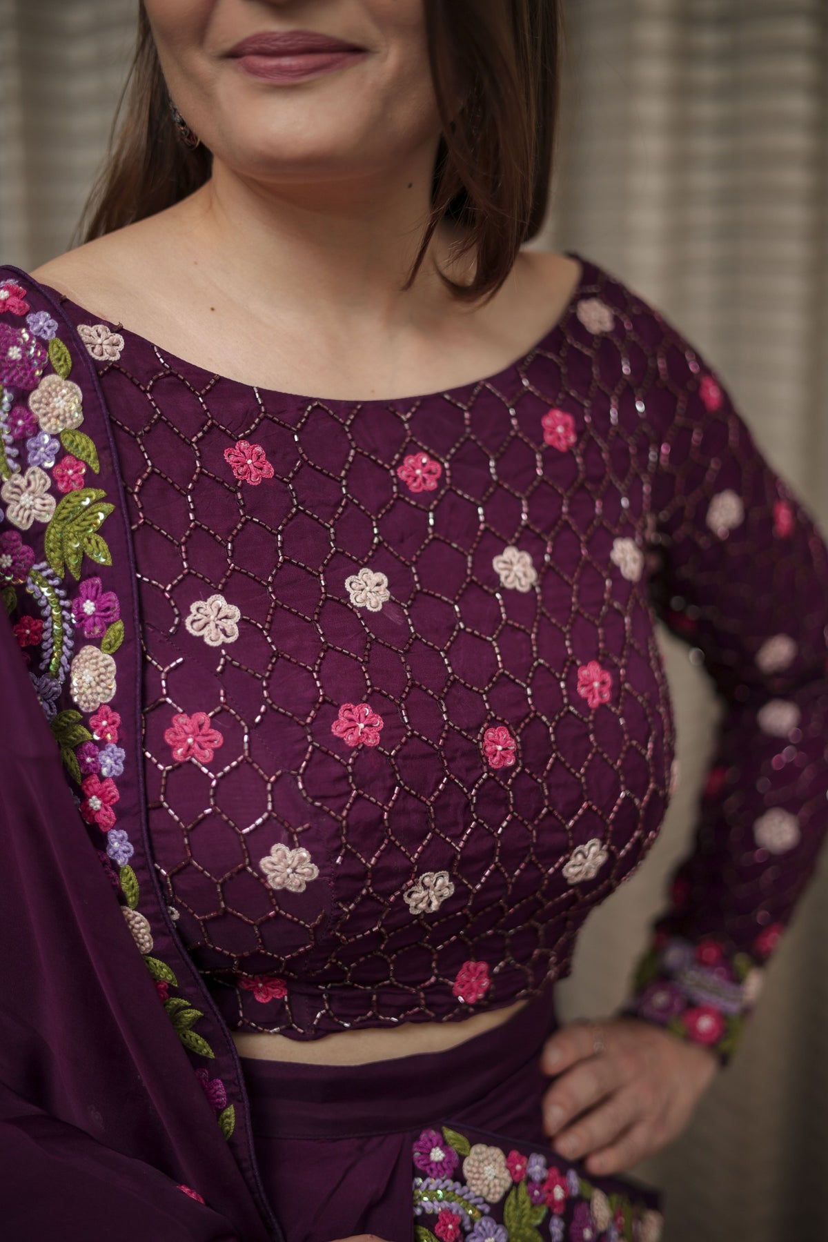 Plum Elegance Embroidered Saree