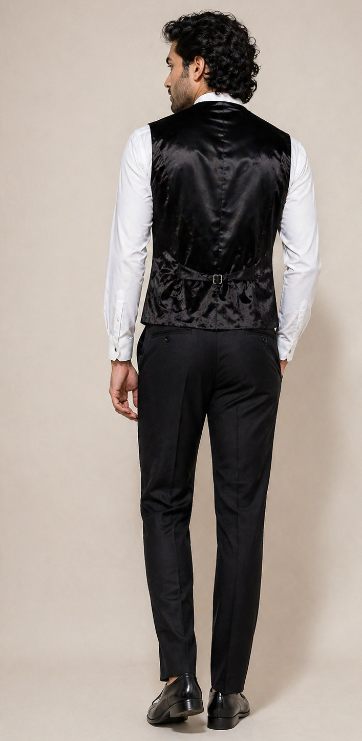 Luxurious Black Crushed Velvet Slim-Fit Waistcoat
