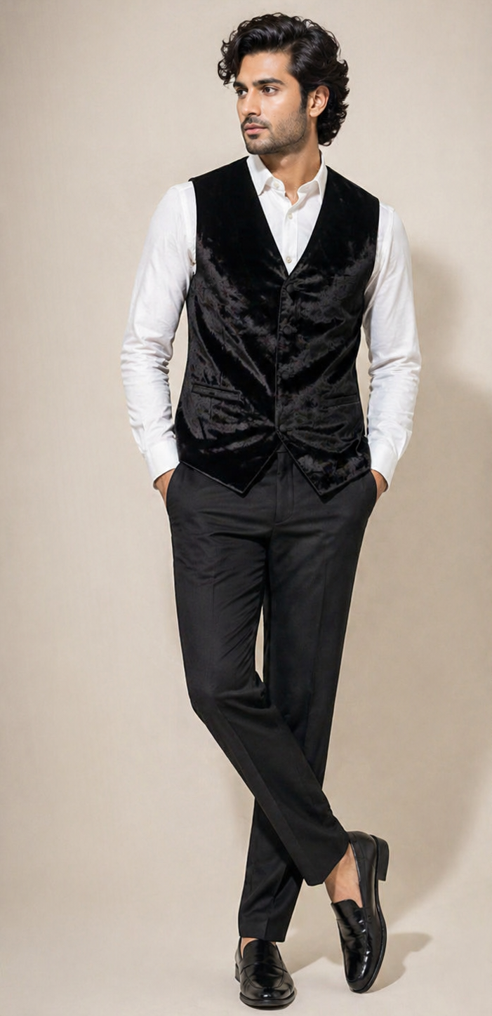 Luxurious Black Crushed Velvet Slim-Fit Waistcoat