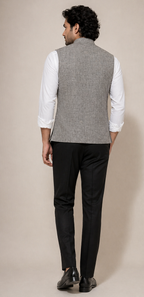 Refined Grey Micro-Check Textured Nehru Jacket