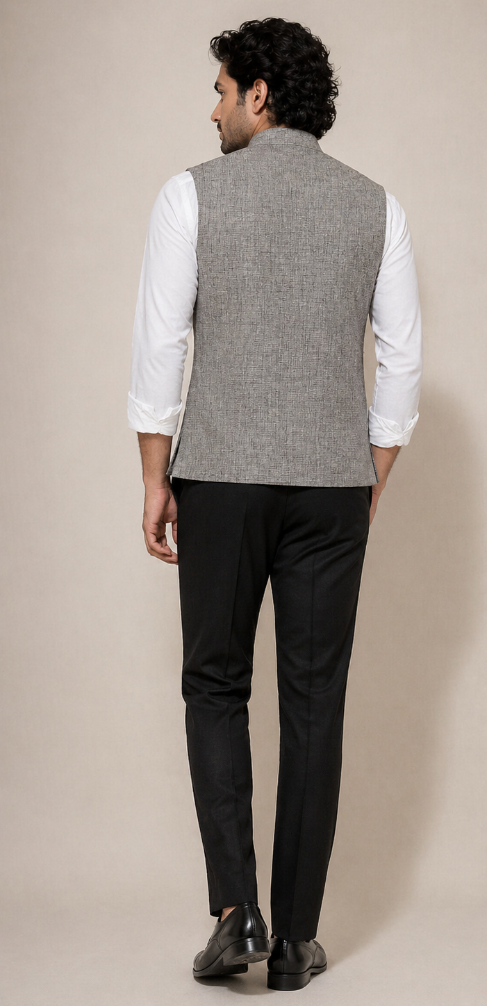Refined Grey Micro-Check Textured Nehru Jacket