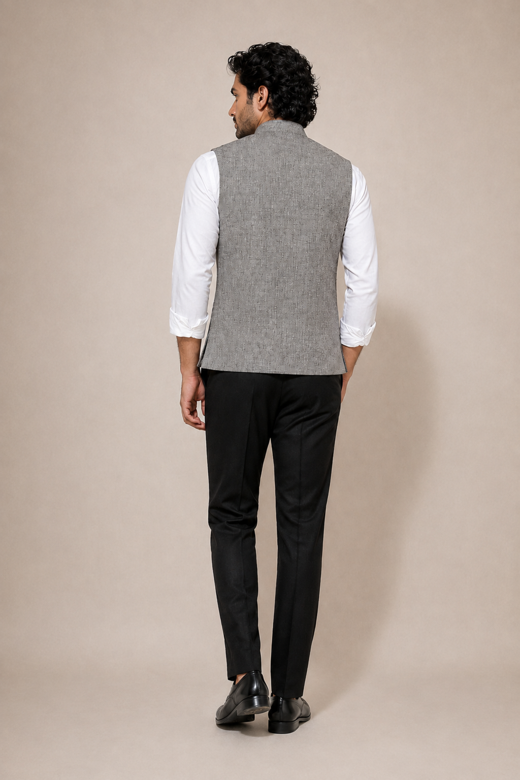 Refined Grey Micro-Check Textured Nehru Jacket