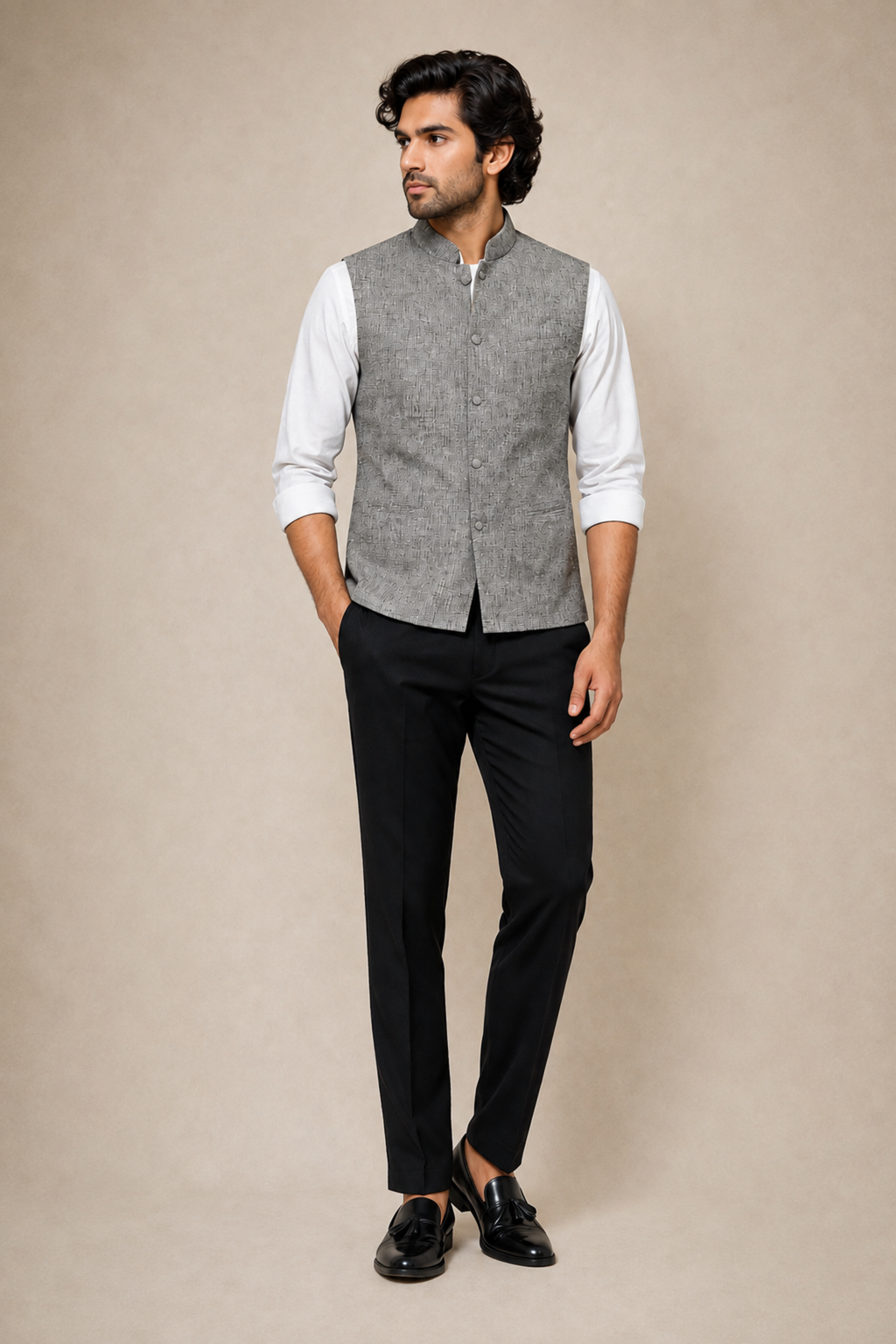 Refined Grey Micro-Check Textured Nehru Jacket