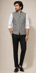 Refined Grey Micro-Check Textured Nehru Jacket