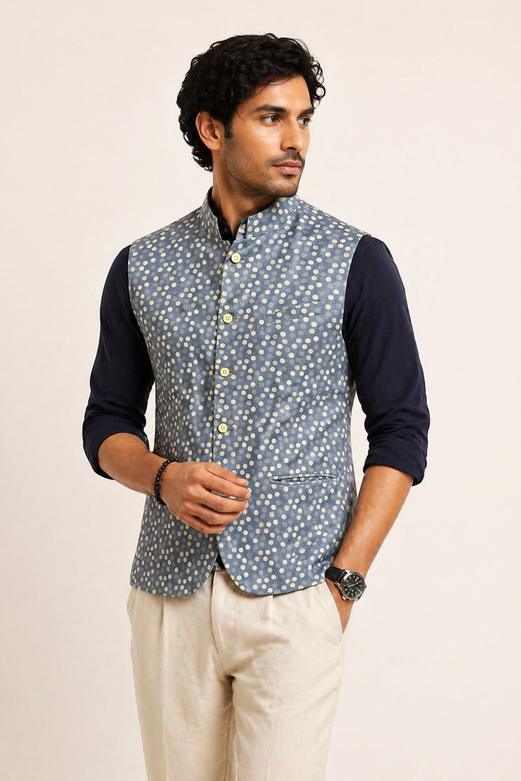 Charming Slate Blue Polka Dot Printed Nehru Jacket