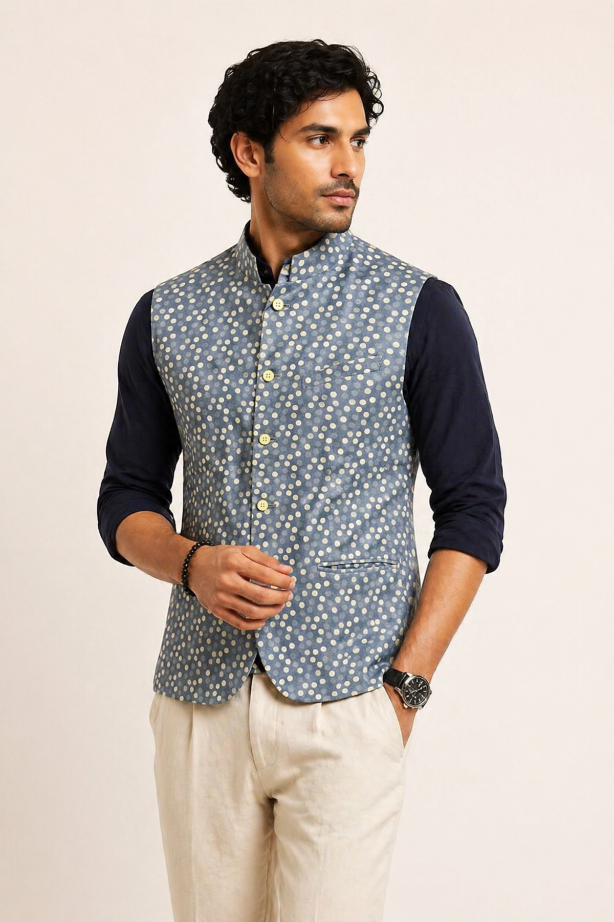 Charming Slate Blue Polka Dot Printed Nehru Jacket