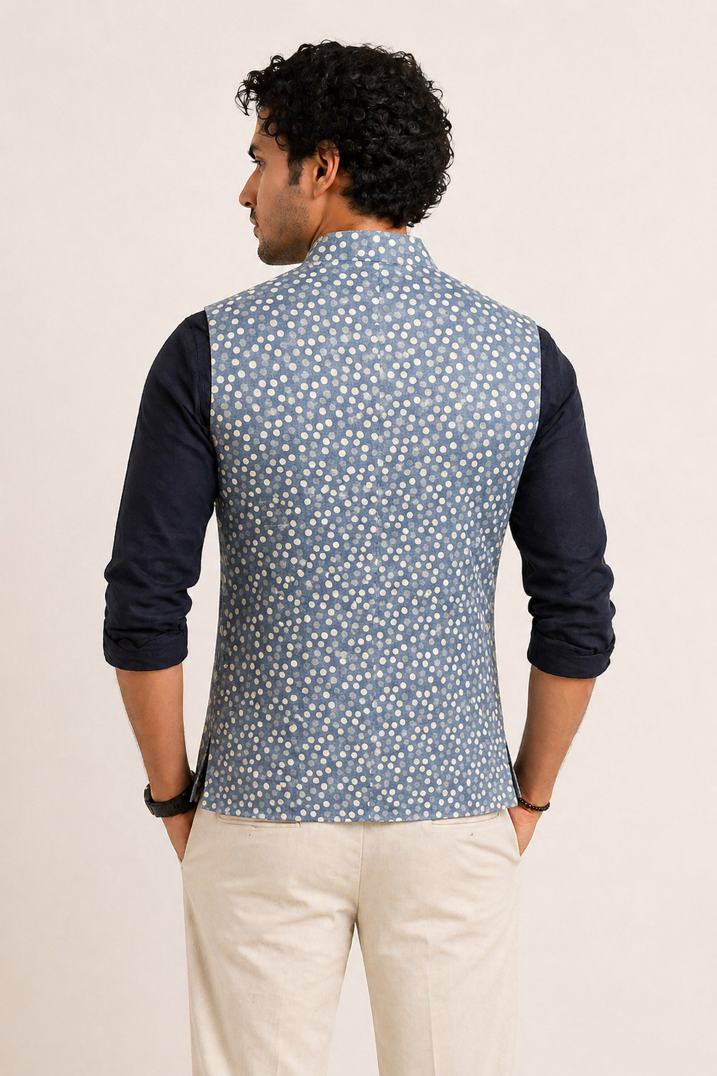 Charming Slate Blue Polka Dot Printed Nehru Jacket