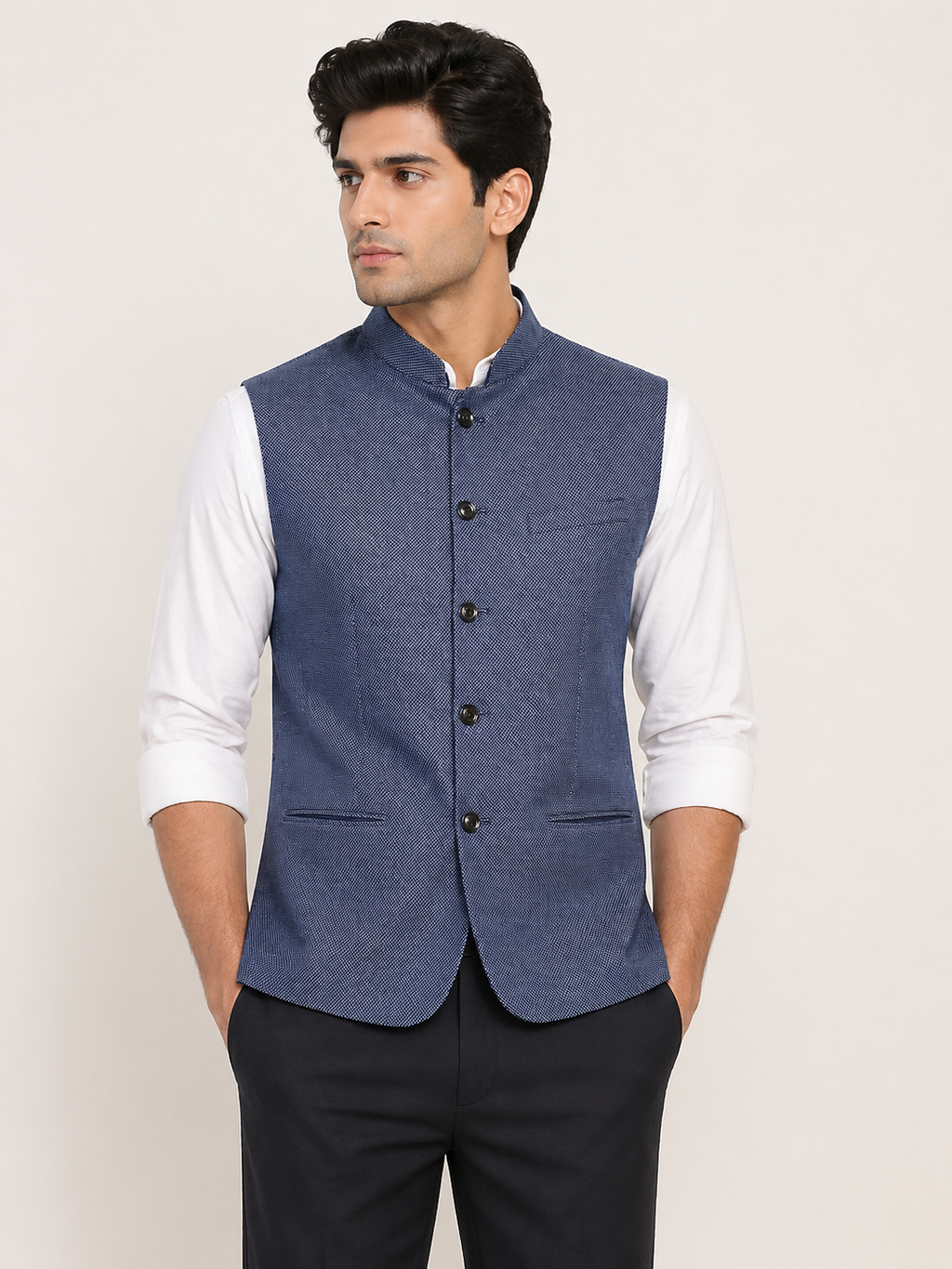 Dapper Navy Blue Micro-Textured Nehru Jacket