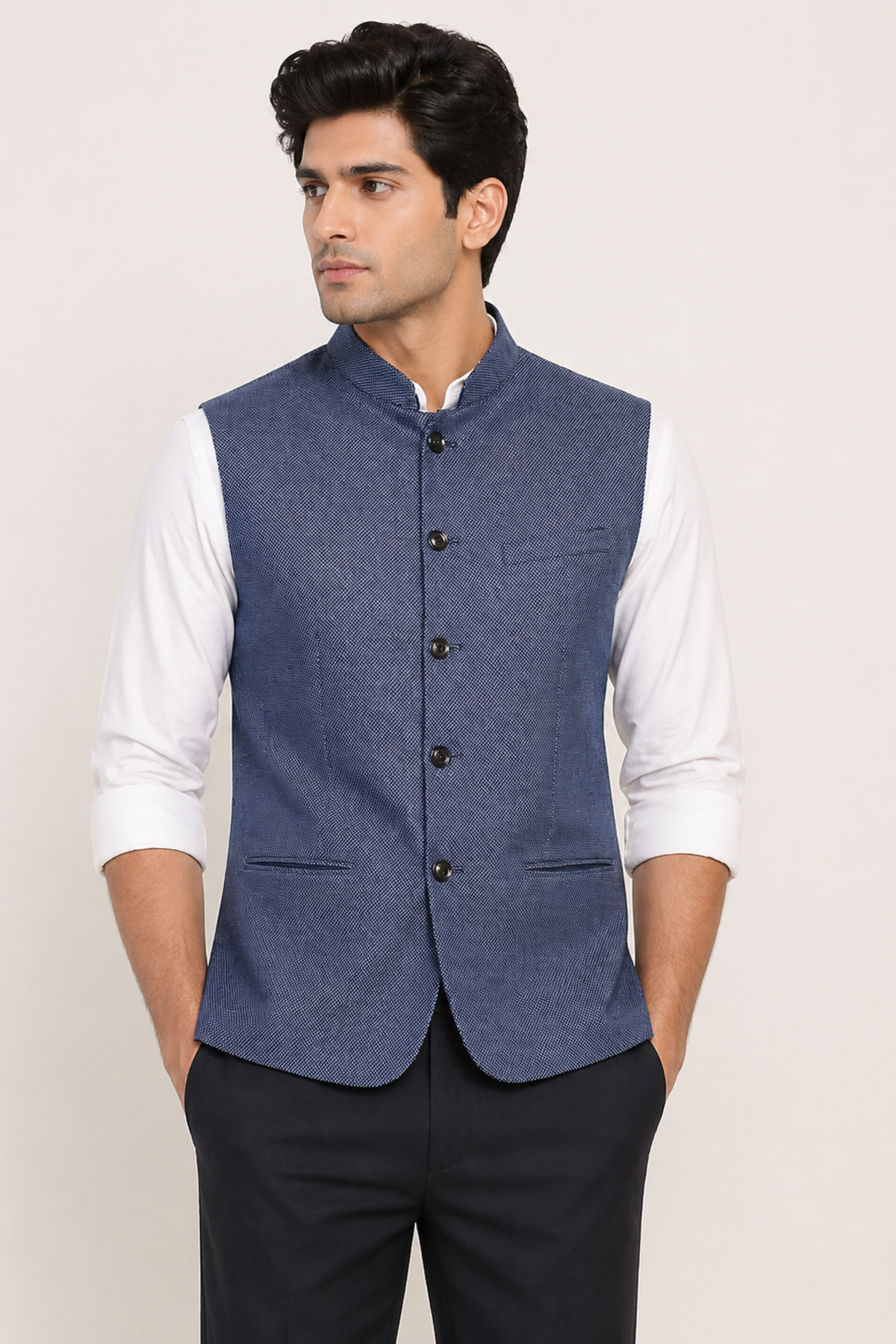 Dapper Navy Blue Micro-Textured Nehru Jacket